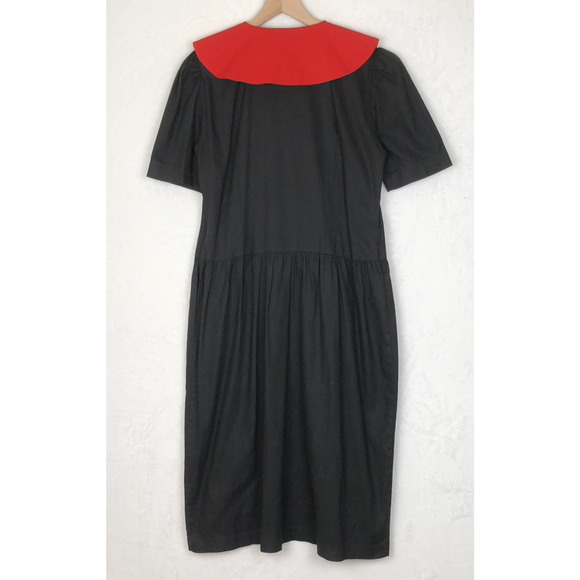 VTG NAYA 1980s Drop Waist Midi Dress Sz S Black Red 100% Cotton Button Pockets - Picture 2 of 12